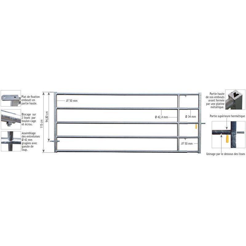 Barrière herbage Ø 42,4 mm extensible avec 1 verrou - 3/4 m