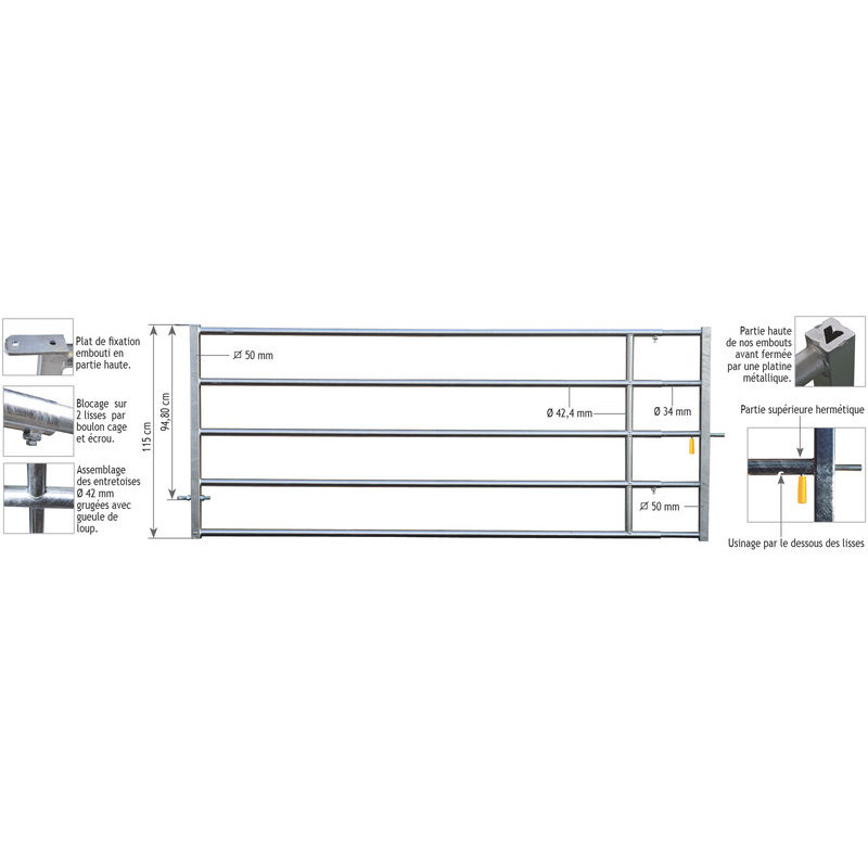 Barrière herbage Ø 42,4 mm extensible avec 1 verrou - 3/4 m Barrière herbage Ø 42,4 mm extensible avec 1 verrou - 3/4 m